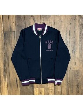 A Bathing Ape Apee Logo Bomber Jacket Coat XS Navy Purple